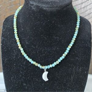 Bluehour Necklace - Golden-Blue Beads and Pearlescent Moon Pendant